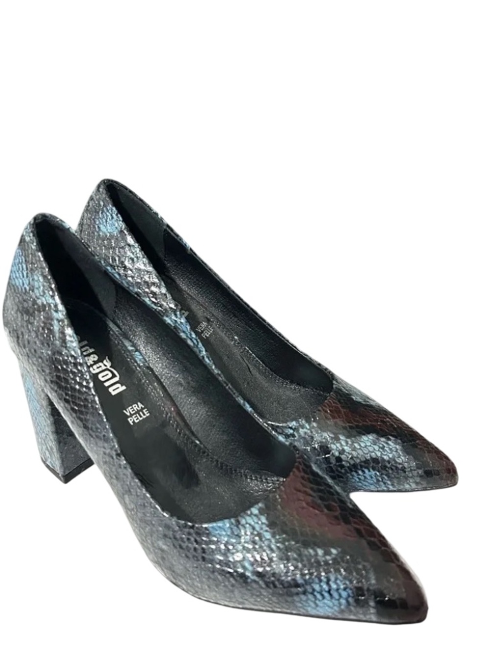 Italian Heeled Pumped Blue Black Snakeskin Print Vera Pelle Gold & Gold